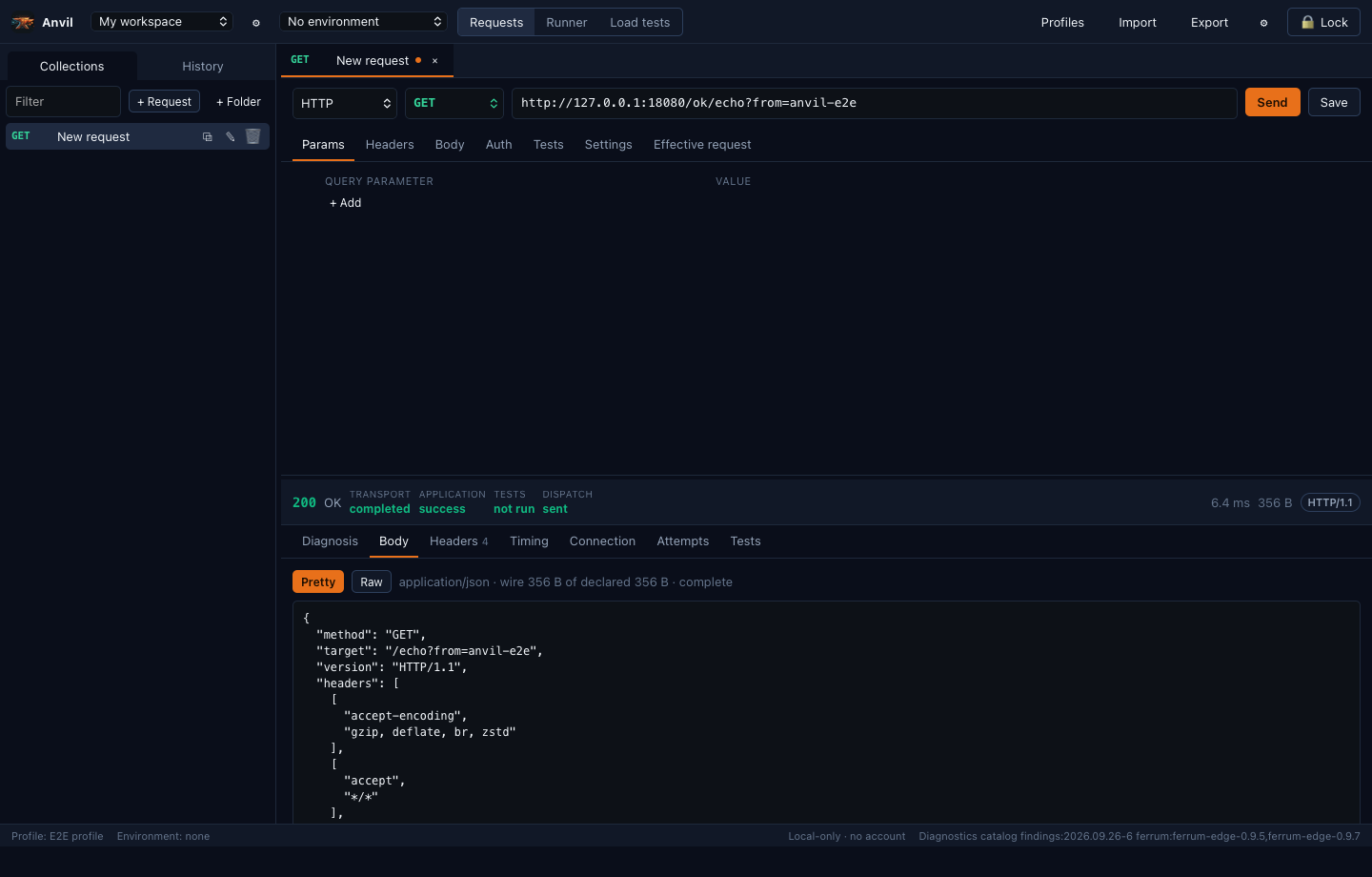 Ferrum Anvil request editor after sending GET to a local Ferrum Edge gateway at 127.0.0.1 port 18080, path ok/echo. The response shows 200 OK over HTTP/1.1 with transport completed, application success, tests not run and dispatch sent, and the Body tab shows the pretty-printed JSON echo of the request.