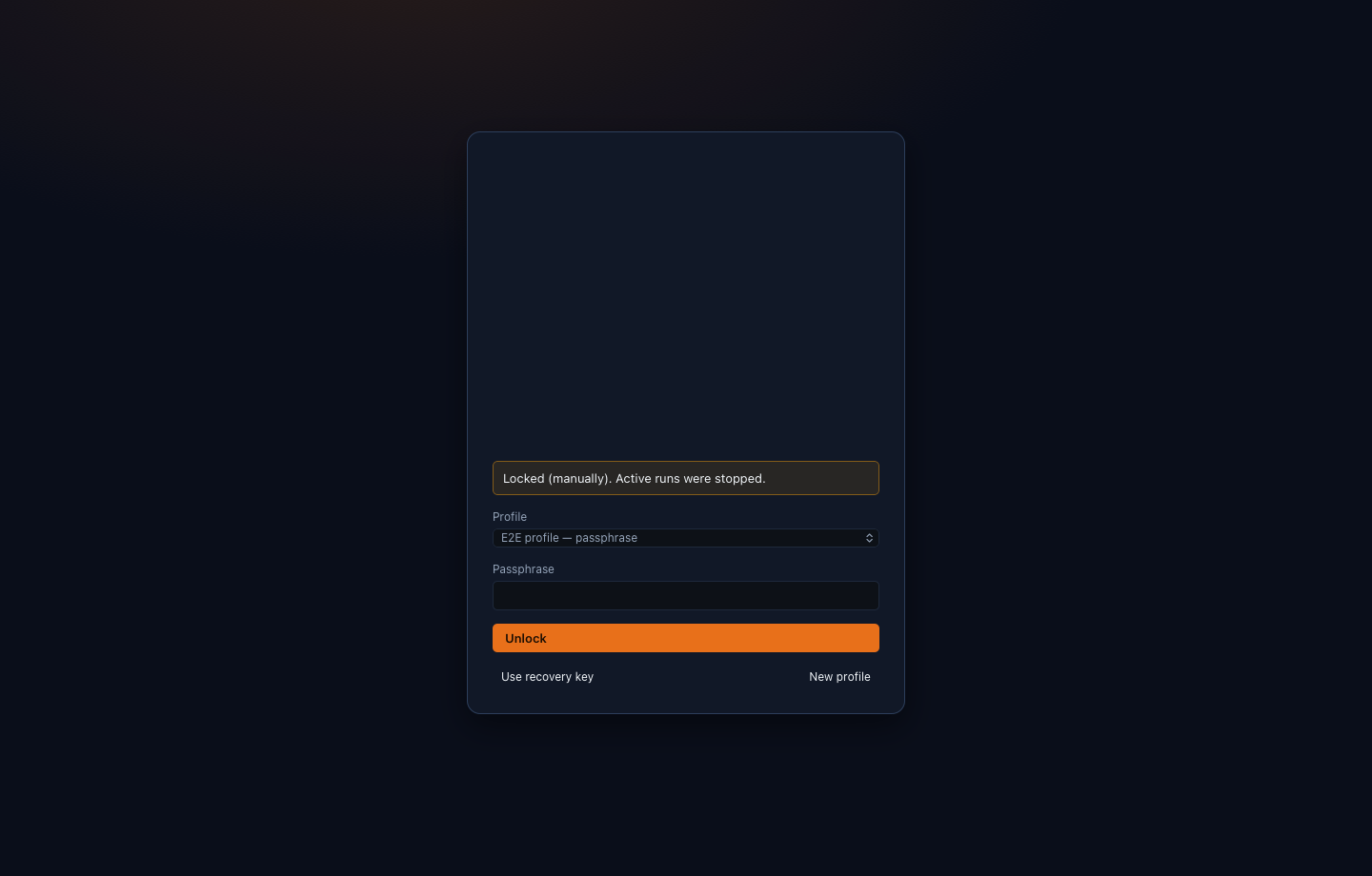 Ferrum Anvil lock screen with the Ferrum Anvil logo and its tagline Put your APIs to the test, and a notice that reads Locked (manually). Active runs were stopped. Below it are a profile selector for a passphrase profile, a passphrase field, an Unlock button, and links to use the recovery key or create a new profile.