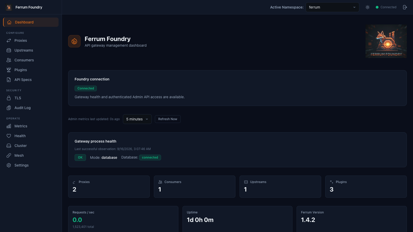Ferrum Foundry dashboard showing the Foundry connection status, gateway process health, and counts of proxies, consumers, upstreams and plugins