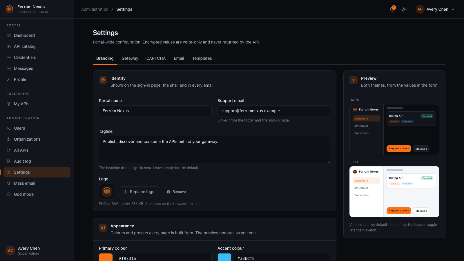 Admin branding settings with a live preview of the portal in both themes