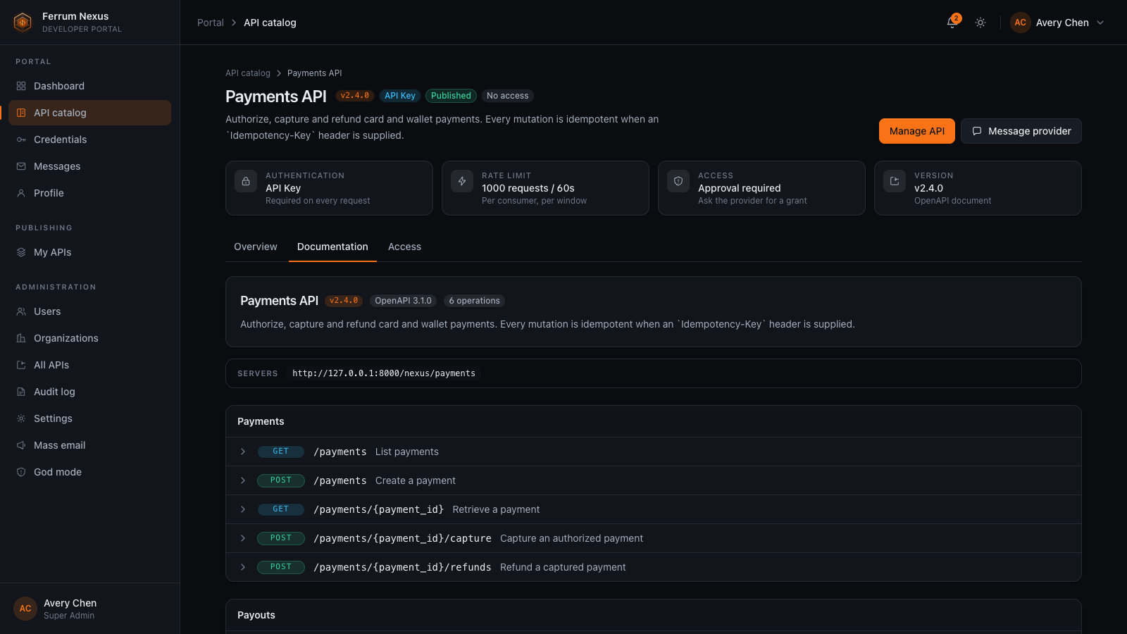 Rendered OpenAPI documentation for a published API in Ferrum Nexus