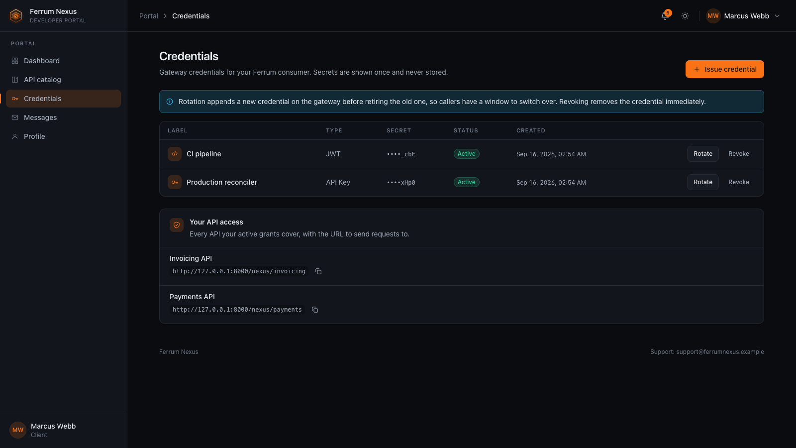 A client's gateway credentials with fingerprints and rotate and revoke actions