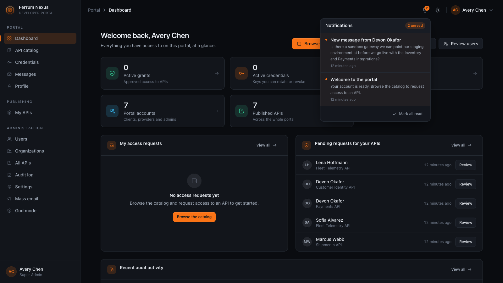 The Ferrum Nexus dashboard with the notifications panel open