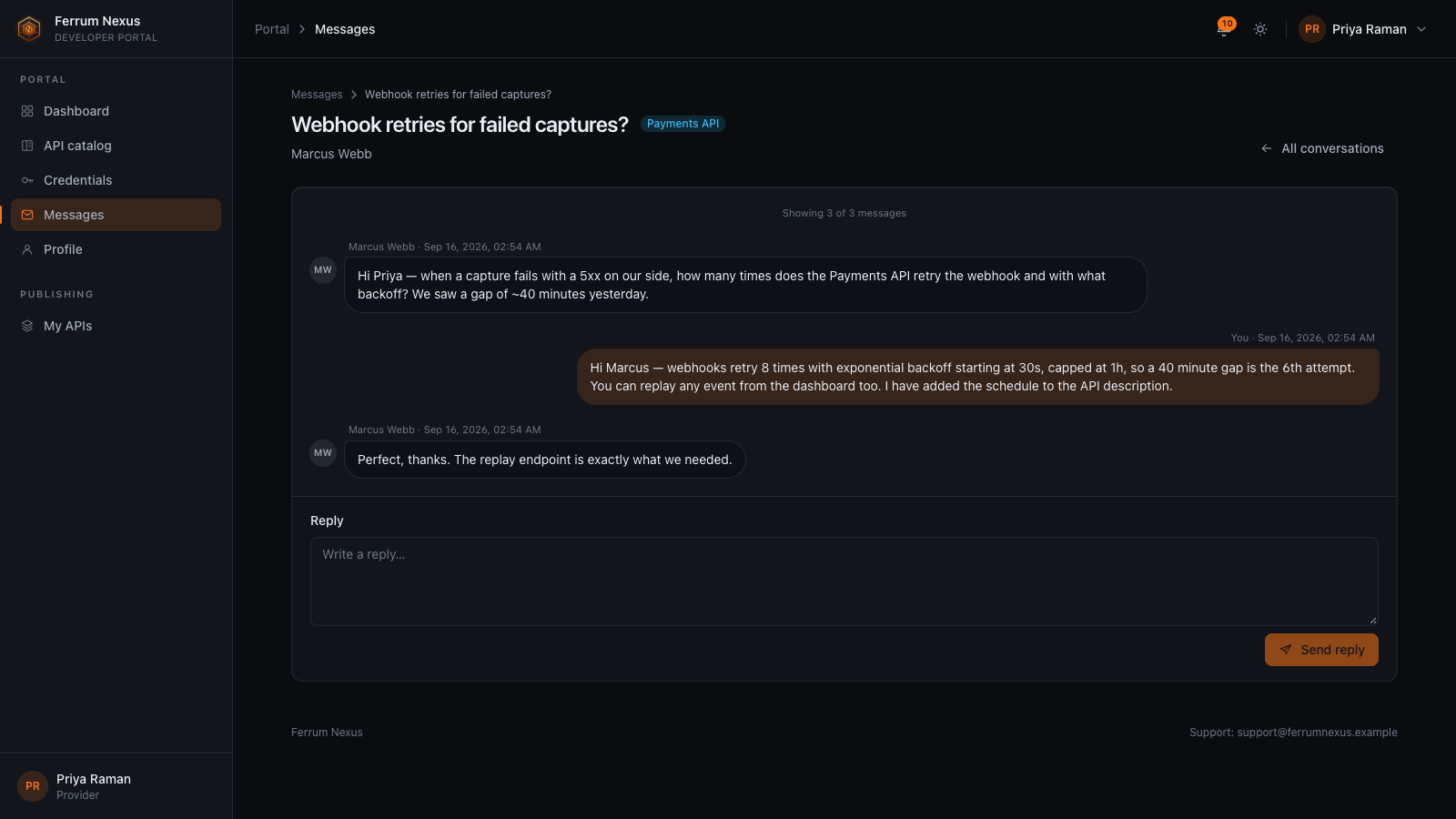 A message thread between a client and a provider about an API