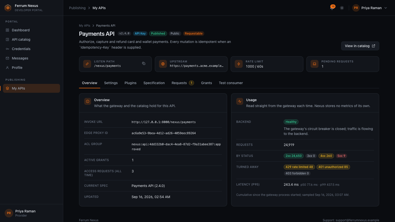 Provider view of an API with its gateway configuration and usage read from Ferrum Edge